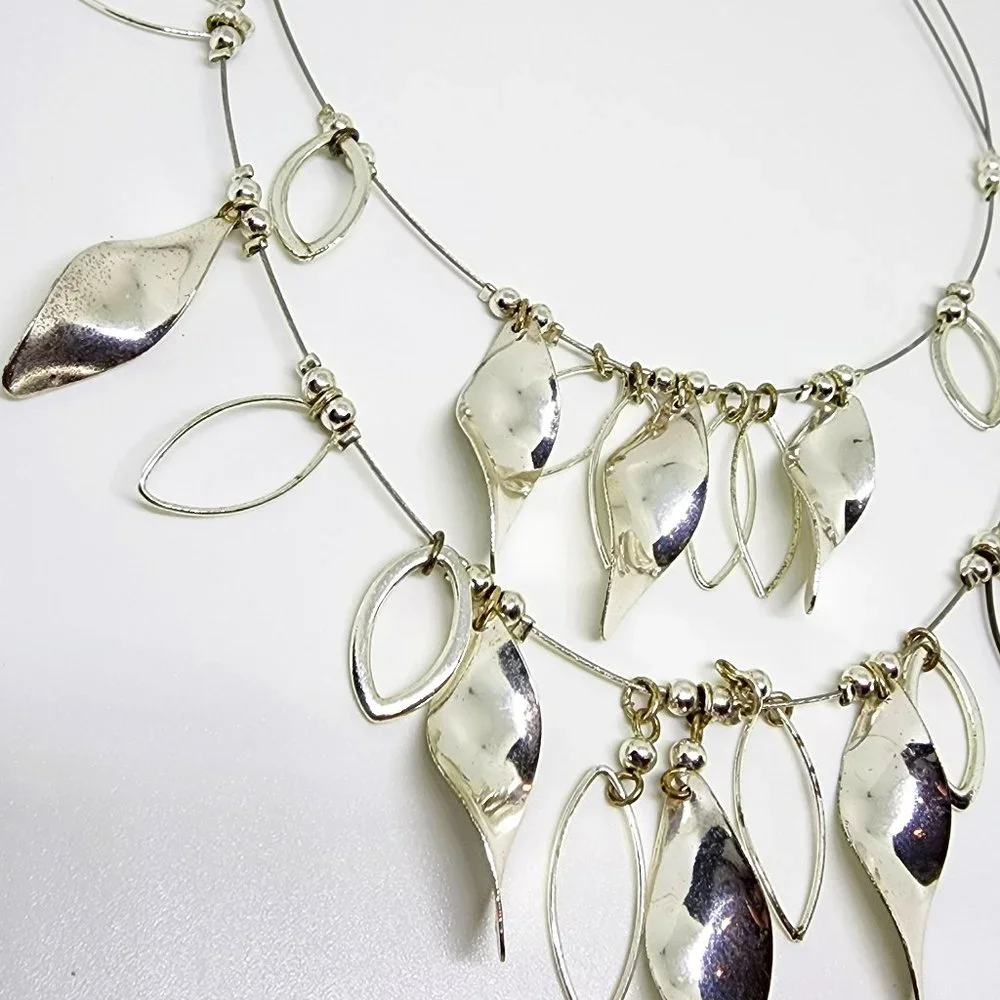 Double Layer Silver Spiral and Marquis Drop Statement Dressy Necklace